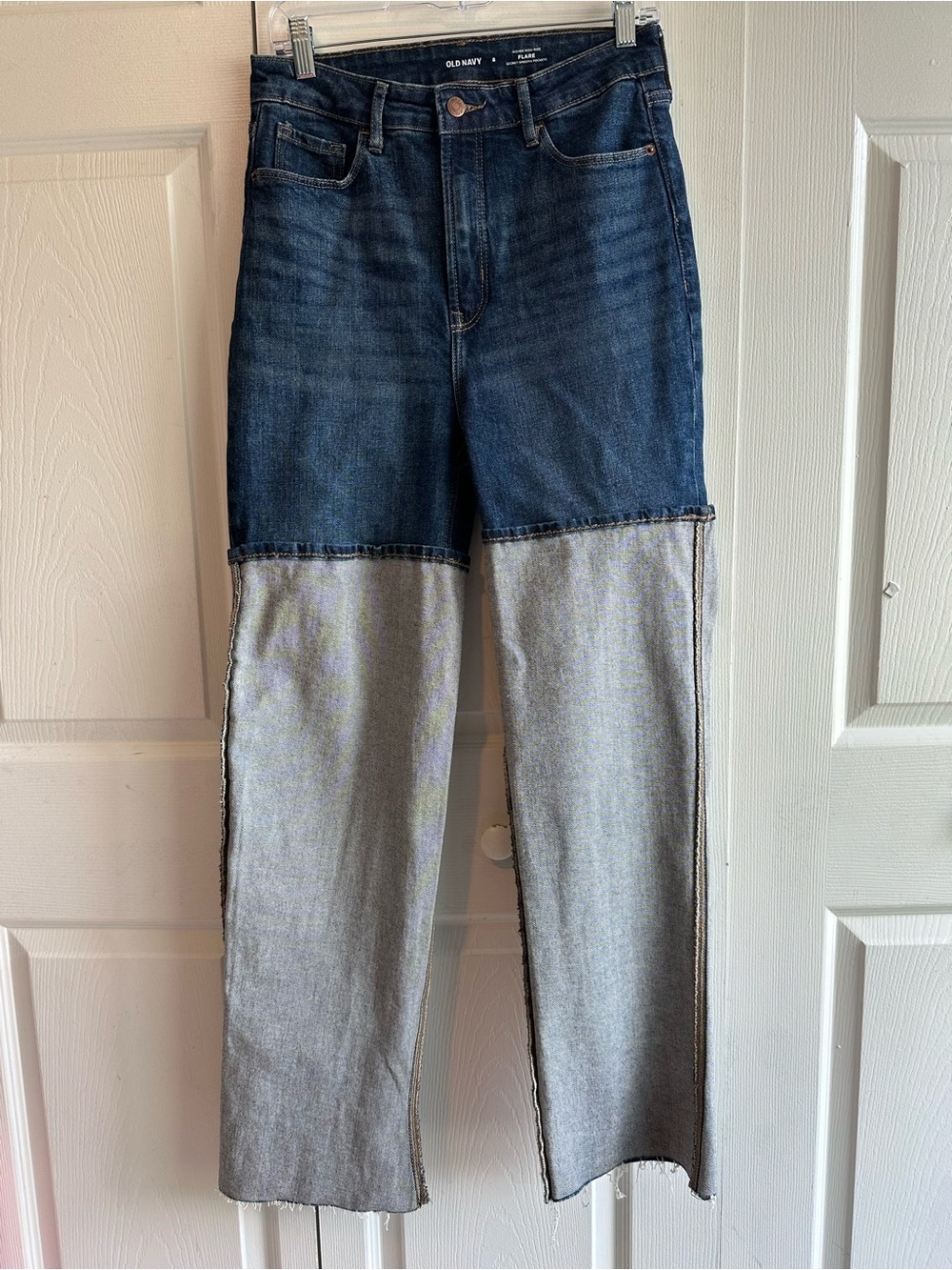 Old Navy Higher High Rise Flare Two-Tone Colorblock Jeans in Dark Blue